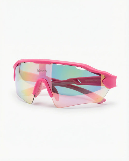 The höhen Aero pink sunglasses side view, multicolor mirrored lenses and aerodynamic frame for high-performance sports.