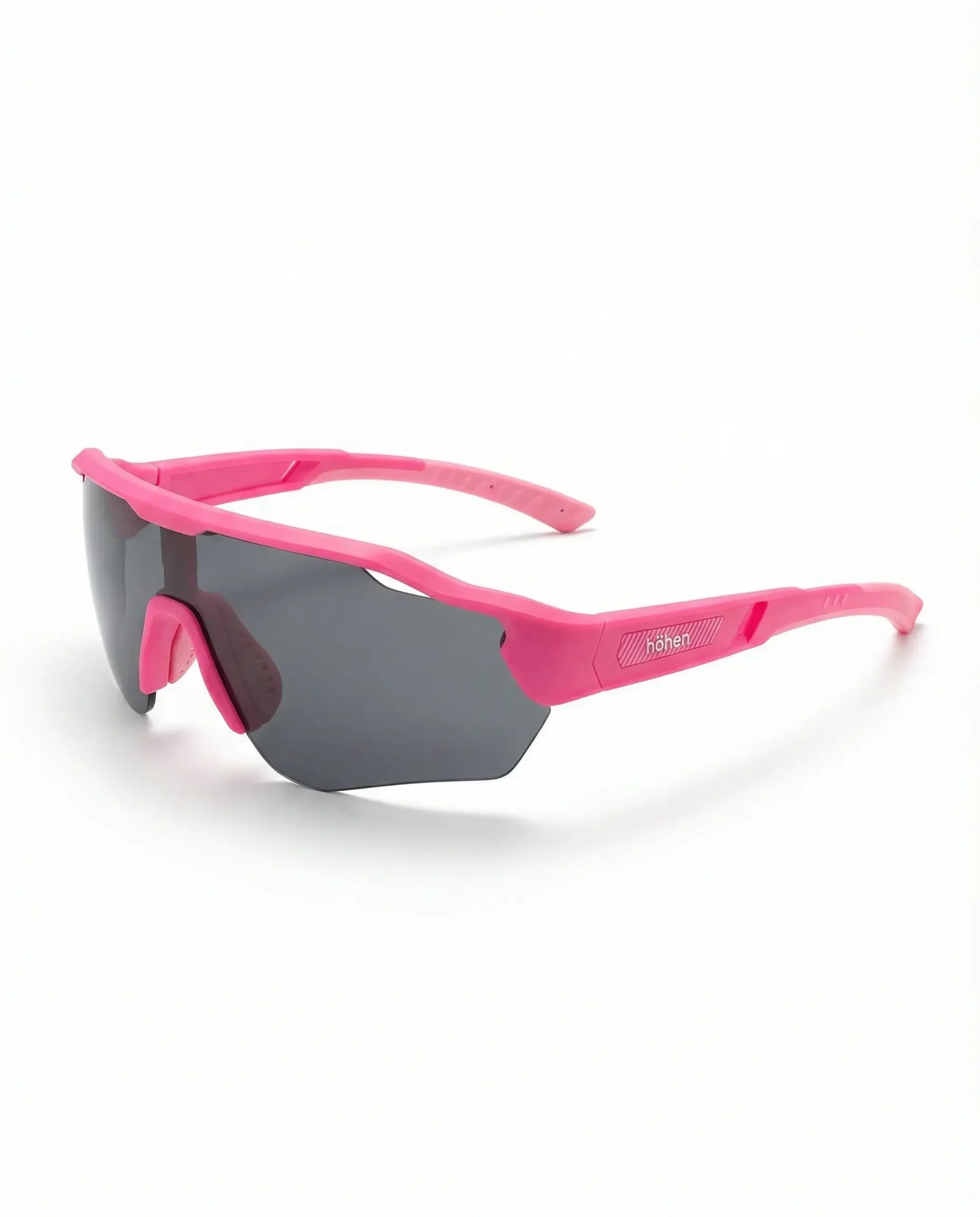 Magenta sunglasses from höhen Aero side view, dark lenses and aerodynamic frame designed for high-performance sports.