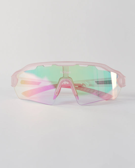 Front view of höhen aero women's sports sunglasses with a pink iridescent shield lens and matching frosted pink frame