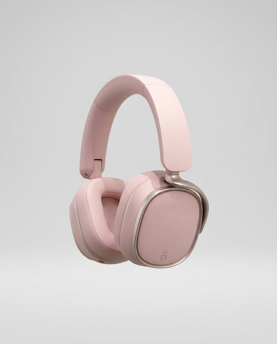 Diagonal view of höhen Aura Pro luxury Bluetooth headphones with soft ear cushions and feminine silhouette.