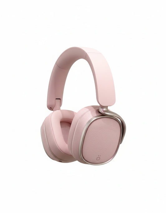 Diagonal view of höhen Aura Pro luxury Bluetooth headphones with soft ear cushions and feminine silhouette.
