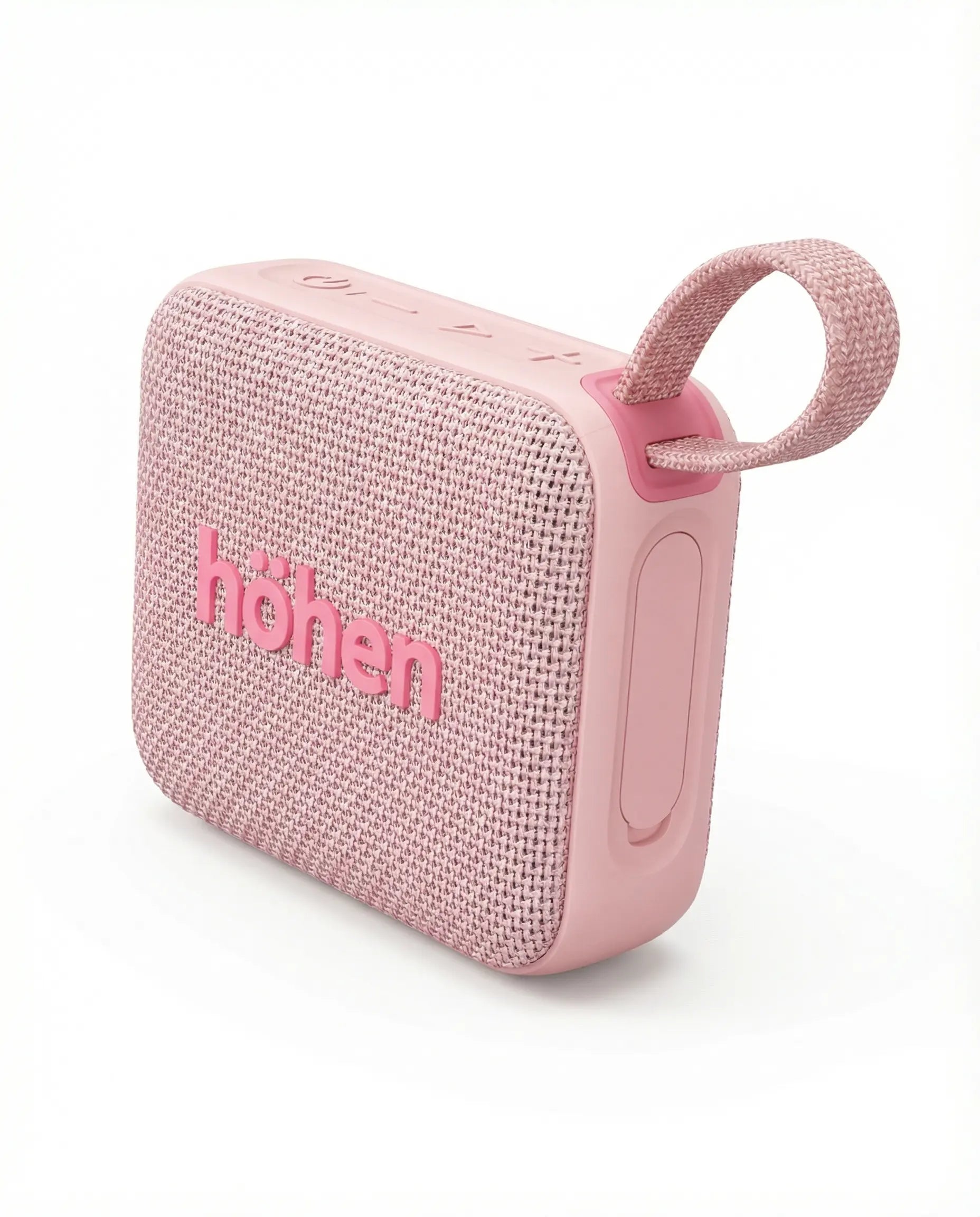 Detalle lateral del parlante inalámbrico Höhen Move negro mostrando controles de silicona y puerto de carga.