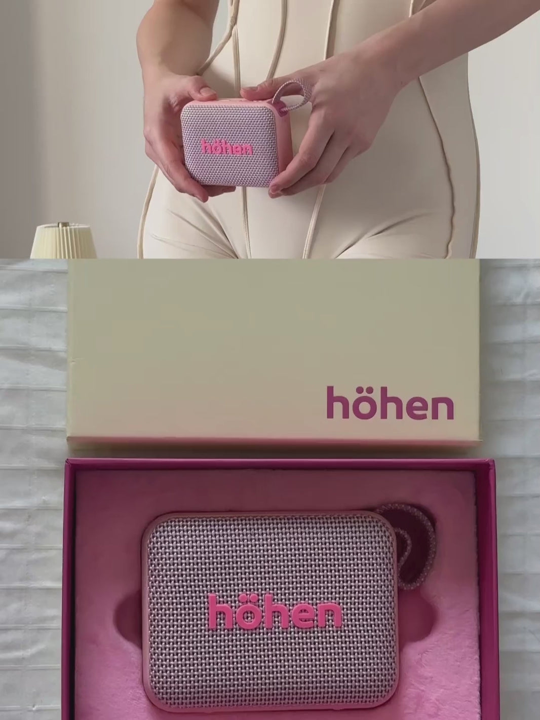 Lifestyle video showing the unboxing of the pink höhen move speaker, its control buttons, and how it pairs with the aura mini headphones and core socks for a complete workout aesthetic
